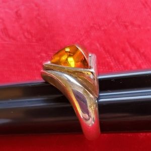 Triangle Amber stone ring set in silver size 6